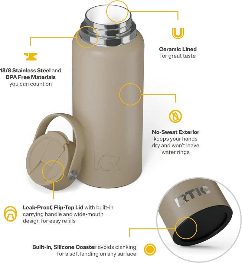 RTIC 32oz Outback Water Bottle, Ceramic Lined, Insulated, Stainless Steel, Double Wall Vacuum-Insulation, Leak-Proof Lid, BPA-Free Water Flask Hiking, Running, Sports, Outdoor, Beach - Image 2